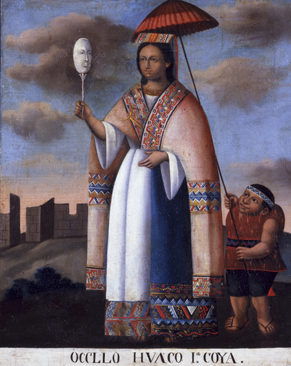Mid-nineteenth century painting of Peruvian woman Mama Ocllo accompanied by small child